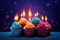 Colorful birthday cupcakes with candles. Purple background. Happy b-day. Party, holiday mood. AI Generated Royalty Free Stock Photo