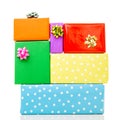 Colorful birthday gift boxes isolated on white background. Birthday, christmas and party concept