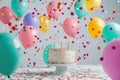 Colorful Birthday party balloons with cake. Generate Ai Royalty Free Stock Photo