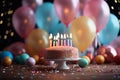 Colorful birthday party balloons with confetti and cake closeup