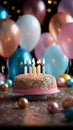 Colorful birthday party balloons with confetti and cake closeup