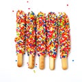 Colorful biscuit stick coated enamel rainbow sugar with white space background