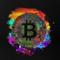 Colorful bitcoin with bright paint splatters on dark background, cryptocurrency concept GRUNGE ART