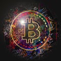 Colorful bitcoin with bright paint splatters on white background, cryptocurrency concep