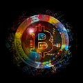 Colorful bitcoin with bright paint splatters on white background, cryptocurrency concept  colorful background Royalty Free Stock Photo