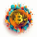 Colorful Bitcoin Coin: Psychedelic Illustration With Bold Patterns And Typography