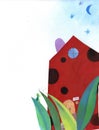 A colorful black and red house with cricket sitting on a grass petal