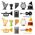 Colorful and black silhouettes of popular classic music instruments