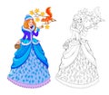 Colorful and black and white illustration for children coloring book. Fantasy drawing of beautiful little princess giving a nut a