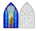 Colorful and black and white illustration of Gothic stained glass window with Peter the Apostle. Coloring book for children and