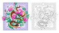 Colorful and black and white page for coloring book. Illustration of stylized fantastic snake. Printable worksheet for children.