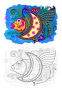 Colorful and black and white page for coloring book for kids. Illustration of stylized fantastic fish.