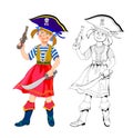 Colorful and black and white page for kids coloring book. Fantasy drawing of cute girl dressed as a pirate. Little robber.