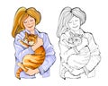 Colorful and black and white page for kids coloring book. Illustration of beautiful girl hugging her favorite cat. Taking care of Royalty Free Stock Photo