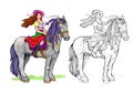 Colorful and black and white page for kids coloring book. Illustration of beautiful happy girl riding the horse. Worksheet for Royalty Free Stock Photo