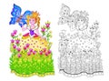 Colorful and black and white page for kids coloring book. Illustration of beautiful little princess playing in flower garden with Royalty Free Stock Photo