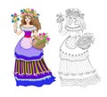 Colorful and black and white page for kids coloring book. Illustration of beautiful little princess playing in garden with flowers Royalty Free Stock Photo