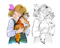 Colorful and black and white page for kids coloring book. Illustration of little girl hugging her favorite cat. Taking care of Royalty Free Stock Photo