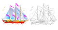 Colorful and black and white pattern of beautiful yacht. Worksheet for children and adults. Vector image. Royalty Free Stock Photo