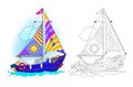 Colorful and black and white template for coloring. Cute toy sailboat model. Illustration for boys. Worksheet for kids. Coloring Royalty Free Stock Photo