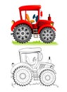 Colorful and black and white template for coloring. Cute toy tractor model. Illustration for boys. Worksheet for kids. Coloring Royalty Free Stock Photo