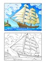 Colorful and black and white template for coloring. Fantasy illustration of an ancient two-masted sailboat sailing in Douarnenez Royalty Free Stock Photo