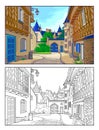 Colorful and black and white template for coloring. Fantasy illustration of a cute medieval French town street. Ancient Royalty Free Stock Photo