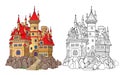 Colorful and black and white template for coloring. Fantasy illustration of a medieval French castle. Ancient architecture. Royalty Free Stock Photo