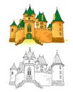 Colorful and black and white template for coloring. Fantasy illustration of a medieval French castle. Ancient architecture.