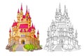 Colorful and black and white template for coloring. Fantasy illustration of a medieval French castle. Ancient architecture. Royalty Free Stock Photo