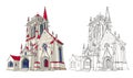 Colorful and black and white template for coloring. Fantasy illustration of a medieval French cathedral. Ancient architecture. Royalty Free Stock Photo