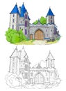 Colorful and black and white template for coloring. Fantasy illustration of a medieval French fortress with gates. Ancient Royalty Free Stock Photo