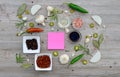 Colorful blank stickers for notes and pepper, bay leaf, rosemary, onions, Himalayan salt, olive oil, soy sauce on Royalty Free Stock Photo