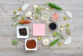 Colorful blank stickers for notes and pepper, bay leaf, rosemary, onions, Himalayan salt, olive oil, soy sauce on Royalty Free Stock Photo