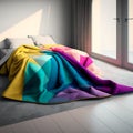 Colorful blankets on the ground. Wool chunky blanket