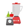 Colorful blender with kitchen weight scale and fruits