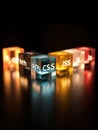 Colorful Blocks Displaying Coding Languages Set Against a Dark Background Emphasizing Technology and Programming Royalty Free Stock Photo