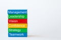 Colorful blocks with the words: management, leadership, vision, strategy, teamwork isolated against a white background with space