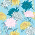 Colorful blooming blooming chrysanthemum layer with stripe polka dots seamless pattern in vector design for fashion,fabric,web, Royalty Free Stock Photo