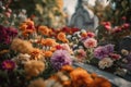 colorful blooming flowers on a grave, bringing life and beauty in the midst of death