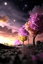Colorful blossoming trees at twilight with starry sky Royalty Free Stock Photo