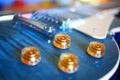 Colorful Blue electric guitar close up to knobs and strings Royalty Free Stock Photo