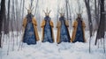 Colorful Blue And Gold Monks Robes In A Snowy Forest Royalty Free Stock Photo