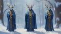 Colorful Blue And Gold Monks In A Snowy Forest Royalty Free Stock Photo