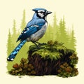 Colorful Blue Jay Illustration On Stump: Editorial Style Nature Art Royalty Free Stock Photo