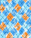 Colorful blue and orange grunge print argyle geometric checkered seamless pattern, vector