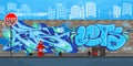 Colorful Blue Outdoor Urban Streetart Graffiti Wall With Drawings Against The Background Of The Cityscape Vector Illustration Royalty Free Stock Photo