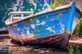 a colorful blue painted boat with weathered wood in a shore