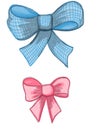 Colorful blue and pink rose bows drawn by pencil, watercolor and acrylic paint