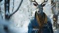 Colorful Blue Robed Deer In Snowy Forest